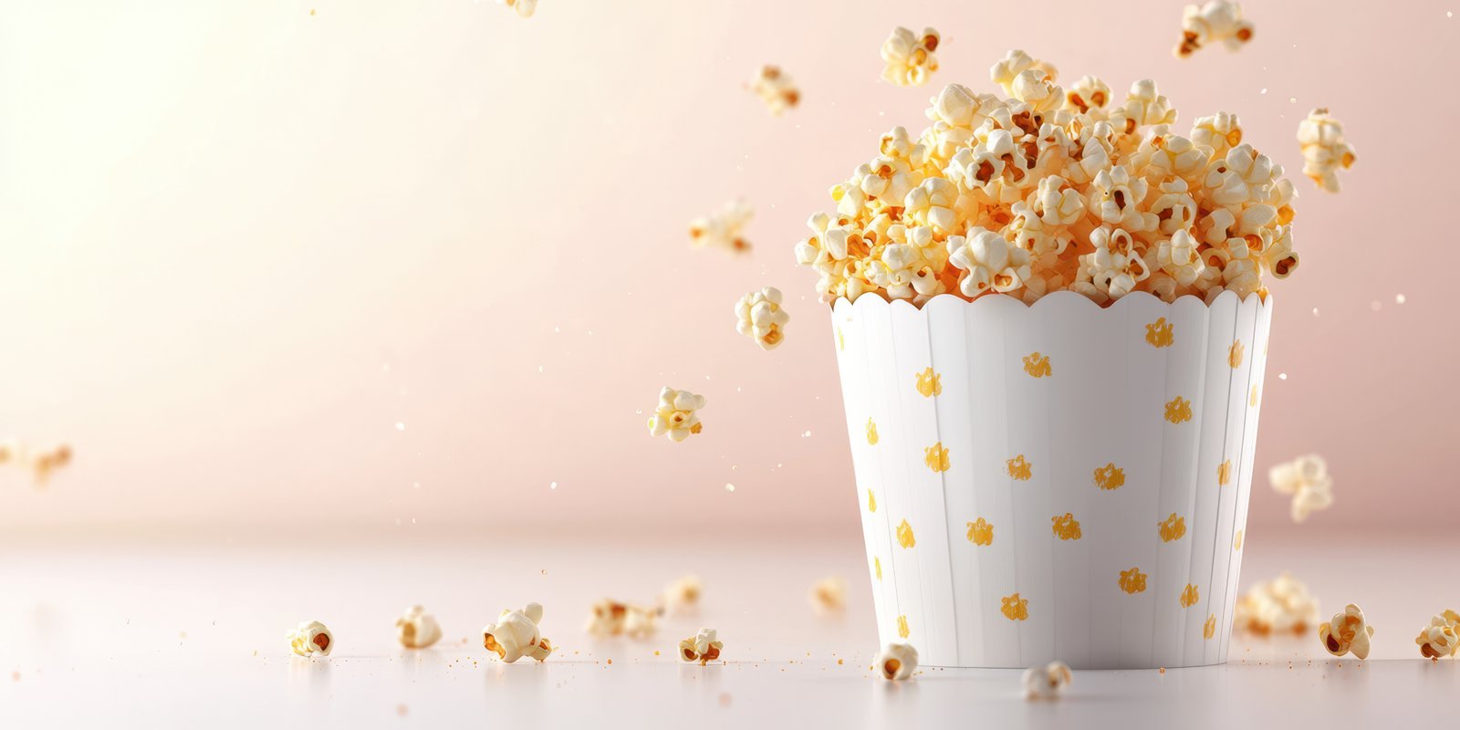 Popcorn fills a white container as kernels spill out, creating a playful and tempting snack display, perfect for movie nights or gatherings